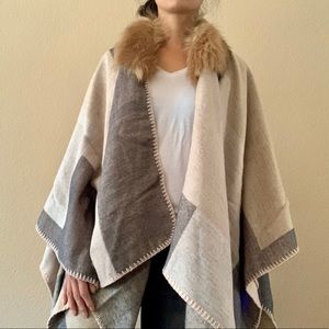 Marcus Adler Block Print Wrap w Fur Collar *NWT*